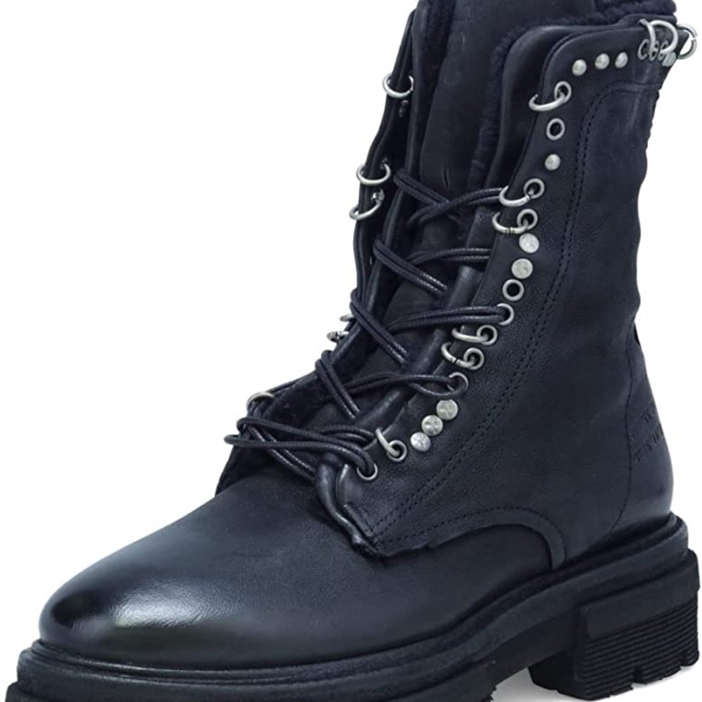 A.S.98 Black Leather Stud Lace-Up Ankle Boot